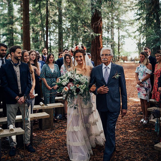 Wedding Ceremony Bridal Entrance in Bespoke Lace Gown & Flower Grown | DIY Woodland Wedding at Two Woods Estate in Sussex | PJ Phillips Photography
