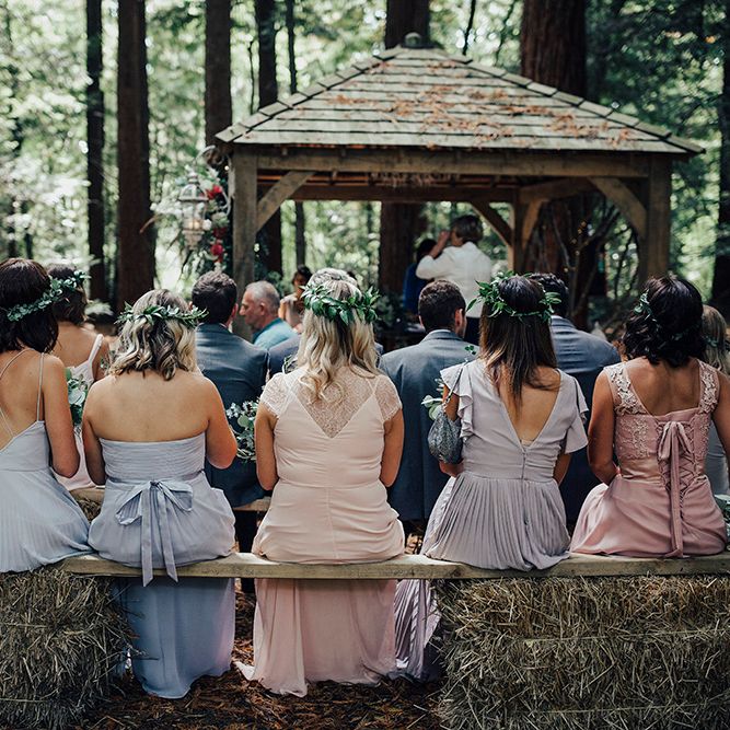 Wedding Ceremony | Bridesmaids in Different Pastel Dresses from the High Street | DIY Woodland Wedding at Two Woods Estate in Sussex | PJ Phillips Photography