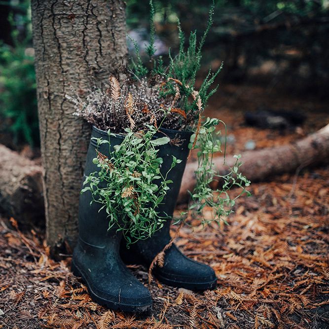 Wellington Boots Planter Wedding Decor | DIY Woodland Wedding at Two Woods Estate in Sussex | PJ Phillips Photography