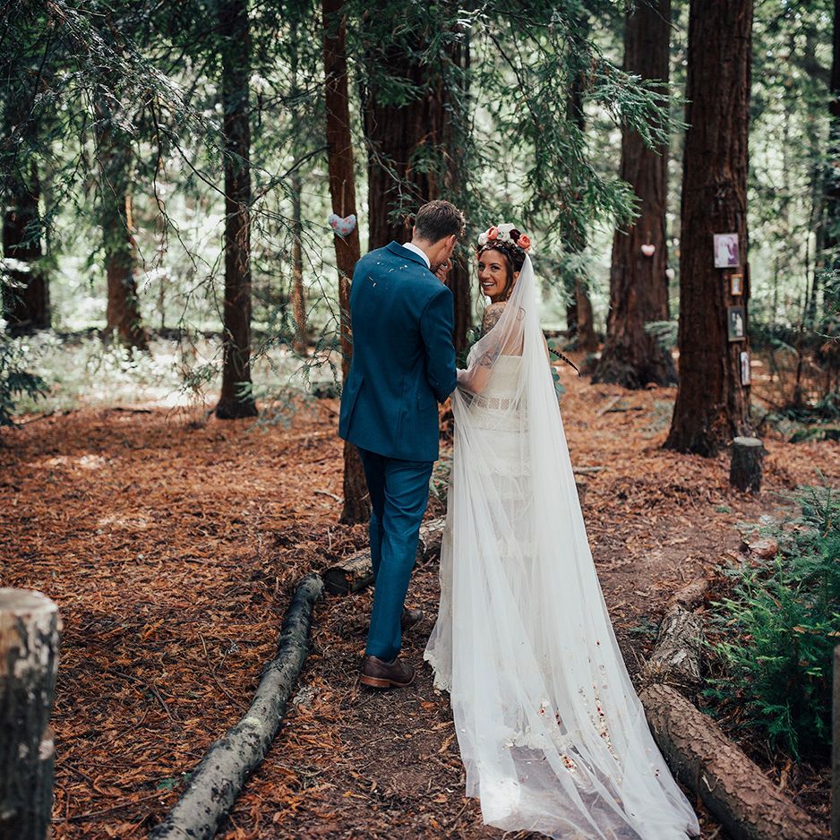 Bride in Bespoke Lace Gown & Flower Grown | Groom in Blue Suit | DIY Woodland Wedding at Two Woods Estate in Sussex | PJ Phillips Photography