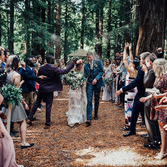 Bride in Bespoke Lace Gown & Flower Grown | Groom in Blue Suit | DIY Woodland Wedding at Two Woods Estate in Sussex | PJ Phillips Photography