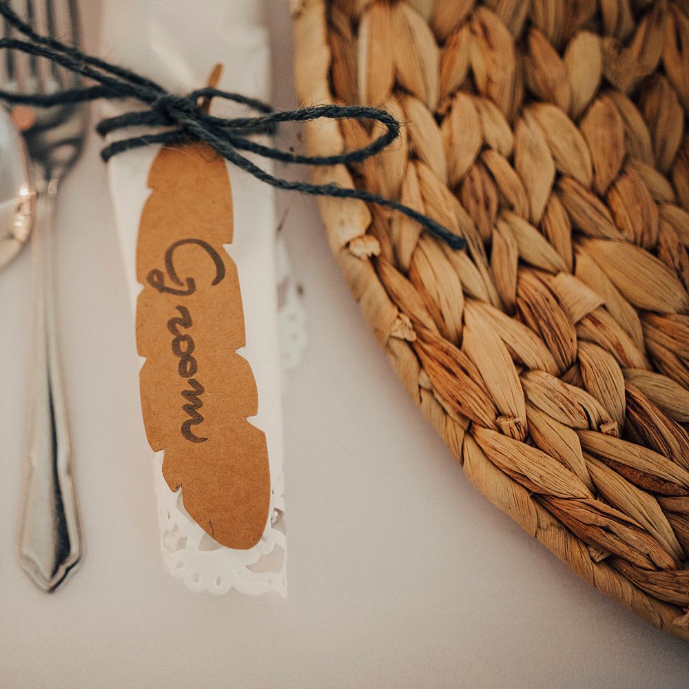 Kraft Paper Feather Place Name Setting | DIY Woodland Wedding at Two Woods Estate in Sussex | PJ Phillips Photography