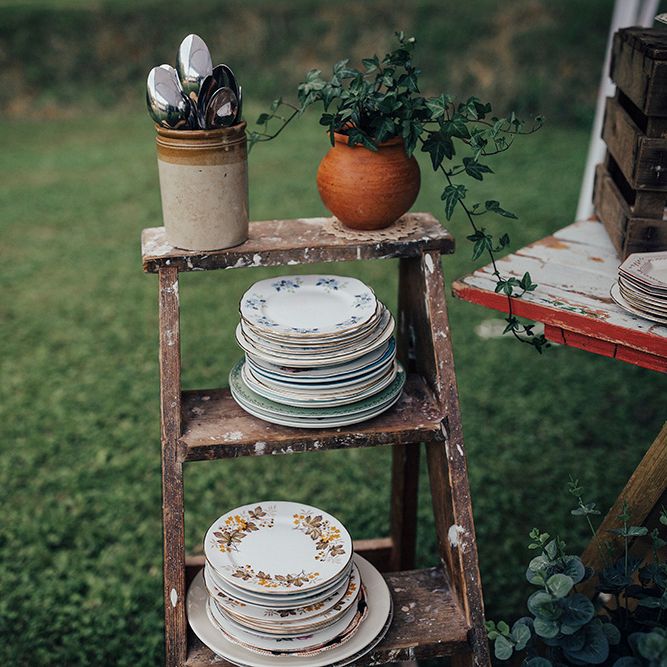 Vintage Step Ladder & Crockery | DIY Woodland Wedding at Two Woods Estate in Sussex | PJ Phillips Photography