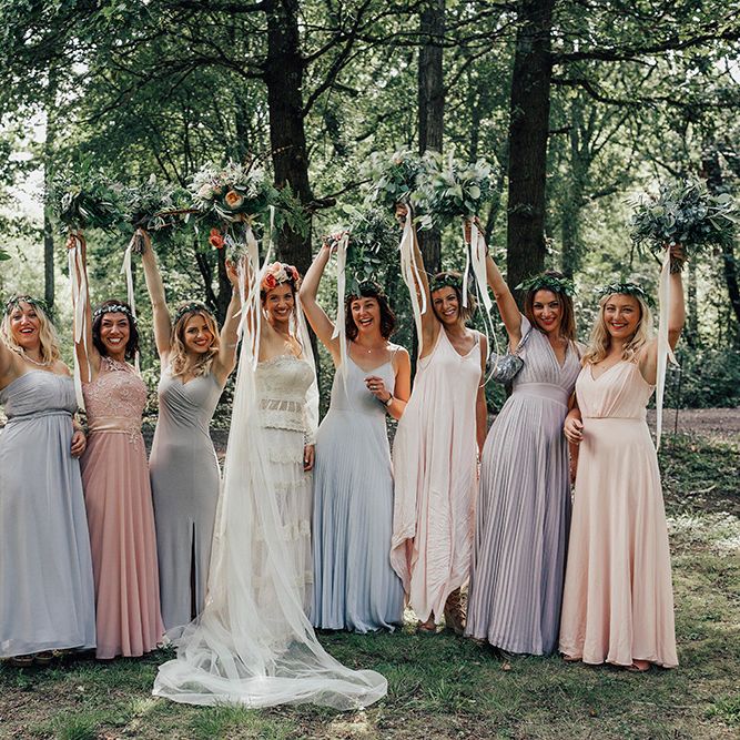 Bridesmaids in Different Pastel High Street Dresses | DIY Woodland Wedding at Two Woods Estate in Sussex | PJ Phillips Photography