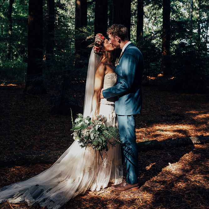 Bride in Bespoke Lace Gown & Flower Grown | Groom in Blue Suit | DIY Woodland Wedding at Two Woods Estate in Sussex | PJ Phillips Photography
