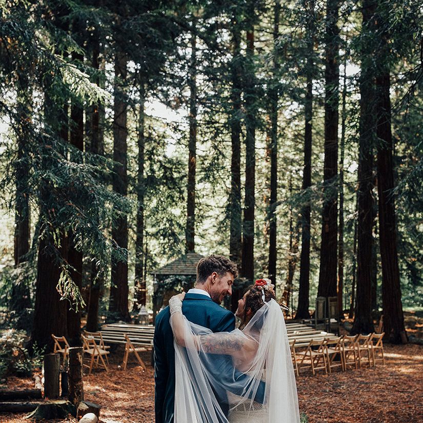 Bride in Bespoke Lace Gown & Flower Grown | Groom in Blue Suit | DIY Woodland Wedding at Two Woods Estate in Sussex | PJ Phillips Photography