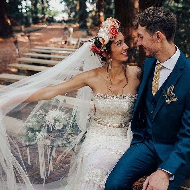 Bride in Bespoke Lace Gown & Flower Grown | Groom in Blue Suit | DIY Woodland Wedding at Two Woods Estate in Sussex | PJ Phillips Photography