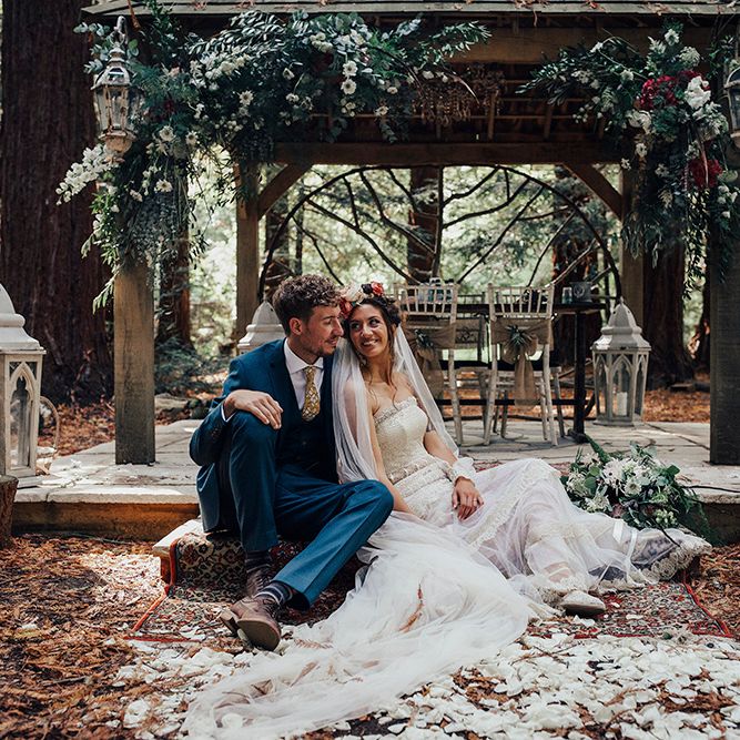 Bride in Bespoke Lace Gown & Flower Grown | Groom in Blue Suit | DIY Woodland Wedding at Two Woods Estate in Sussex | PJ Phillips Photography