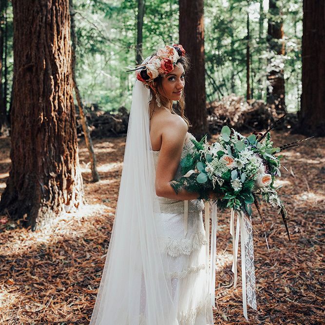 Bride in Bespoke Lace Gown & Flower Grown | DIY Woodland Wedding at Two Woods Estate in Sussex | PJ Phillips Photography