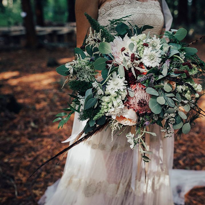 Oversized Bridal Bouquet with Protea, Eucalyptus, Roses & Dahlias | Bride in Bespoke Lace Gown & Flower Grown | DIY Woodland Wedding at Two Woods Estate in Sussex | PJ Phillips Photography