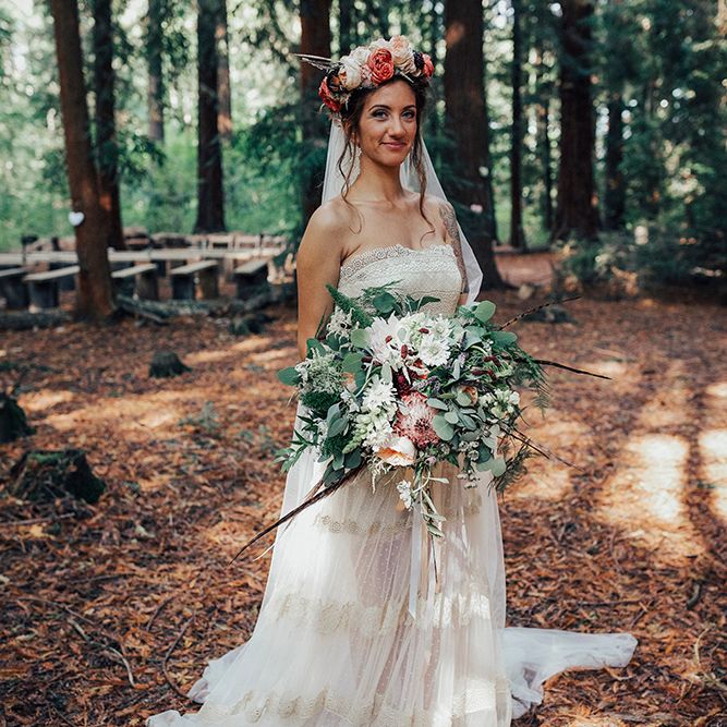 Oversized Bridal Bouquet with Protea, Eucalyptus, Roses & Dahlias | Bride in Bespoke Lace Gown & Flower Grown | DIY Woodland Wedding at Two Woods Estate in Sussex | PJ Phillips Photography