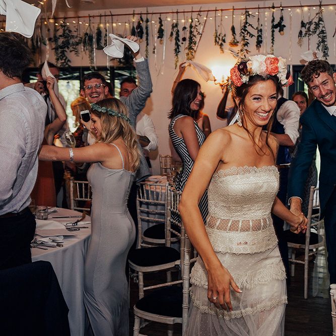 Bride in Bespoke Lace Gown & Flower Grown | Groom in Blue Suit | DIY Woodland Wedding at Two Woods Estate in Sussex | PJ Phillips Photography