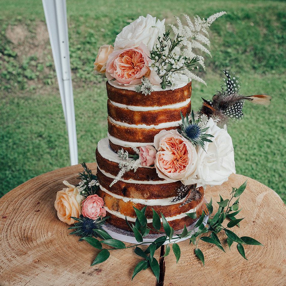 Naked Wedding Cake with David Austin Roses, Greenery & Feather Decor | DIY Woodland Wedding at Two Woods Estate in Sussex | PJ Phillips Photography
