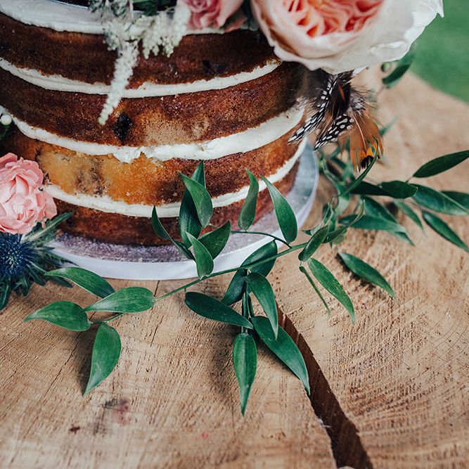 Naked Wedding Cake with David Austin Roses, Greenery & Feather Decor | DIY Woodland Wedding at Two Woods Estate in Sussex | PJ Phillips Photography