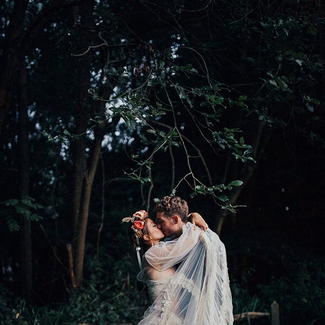 Bride in Bespoke Lace Gown & Flower Grown | Groom in Blue Suit | DIY Woodland Wedding at Two Woods Estate in Sussex | PJ Phillips Photography