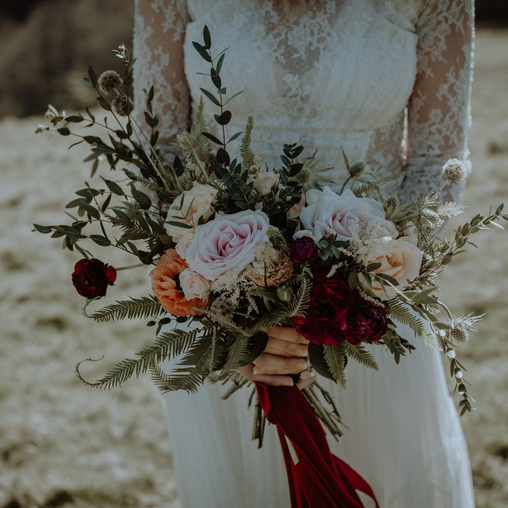 Wild Bouquet With Roses And Burgandy Ribbon