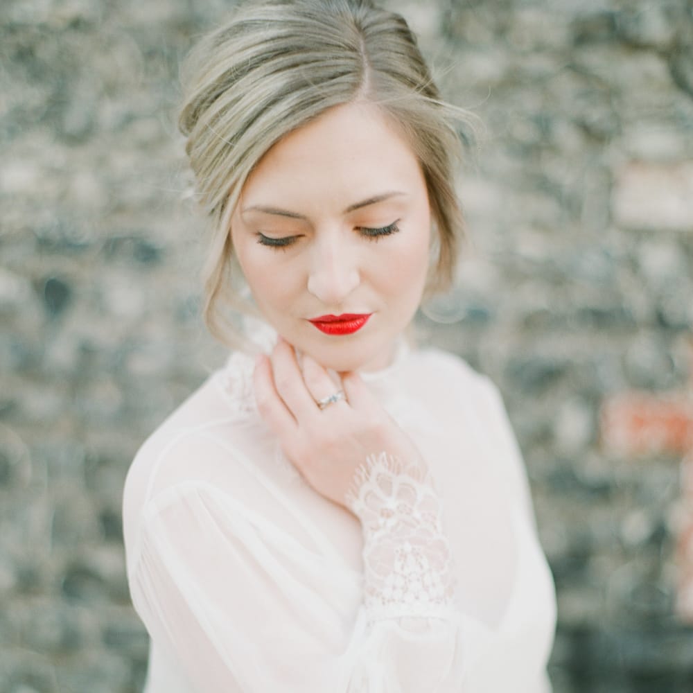 Beautiful Bride With Bright Red Lip And Soft Up Do