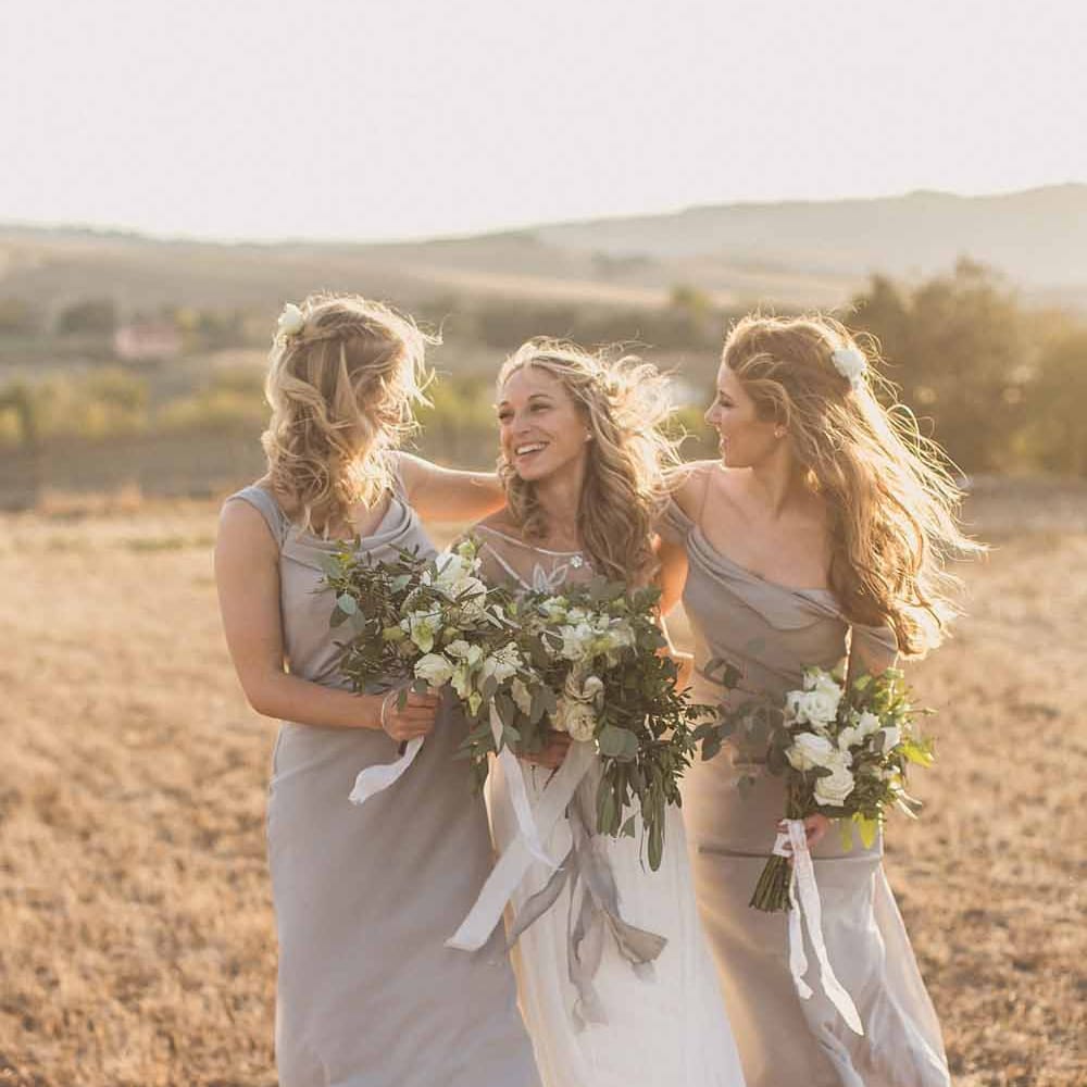 Bridesmaids In Grey Dresses By Jenny Yoo // Rustic Luxe Wedding In Tuscany Styled By The Wedding Of My Dreams With Flowers By Passion For Flowers Anna Campbell Bride Images & Film From WE ARE // THE CLARKES