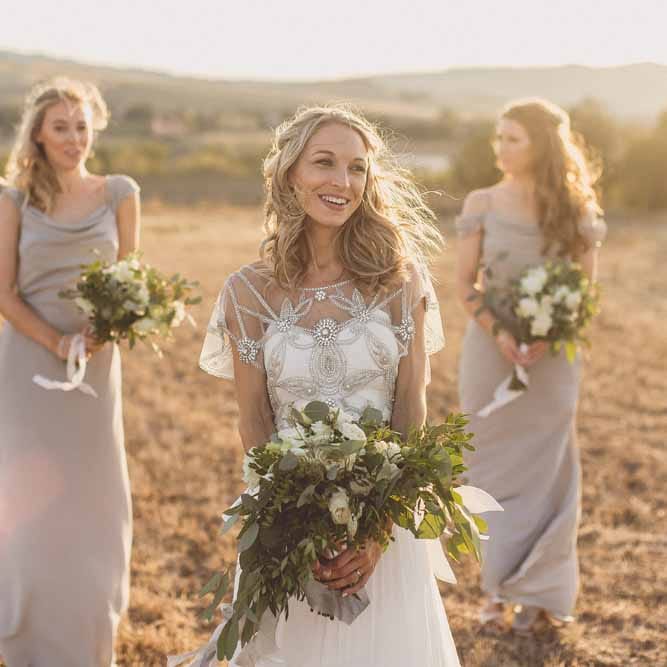 Bridesmaids In Grey Dresses By Jenny Yoo // Rustic Luxe Wedding In Tuscany Styled By The Wedding Of My Dreams With Flowers By Passion For Flowers Anna Campbell Bride Images & Film From WE ARE // THE CLARKES