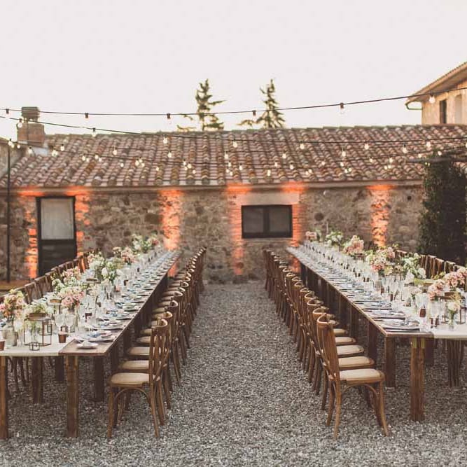 Outdoor Dining At Italian Wedding // Bridesmaids In Grey Dresses By Jenny Yoo // Rustic Luxe Wedding In Tuscany Styled By The Wedding Of My Dreams With Flowers By Passion For Flowers Anna Campbell Bride Images & Film From WE ARE // THE CLARKES