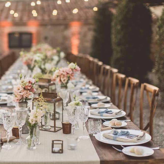 Outdoor Dining At Italian Wedding // Bridesmaids In Grey Dresses By Jenny Yoo // Rustic Luxe Wedding In Tuscany Styled By The Wedding Of My Dreams With Flowers By Passion For Flowers Anna Campbell Bride Images & Film From WE ARE // THE CLARKES