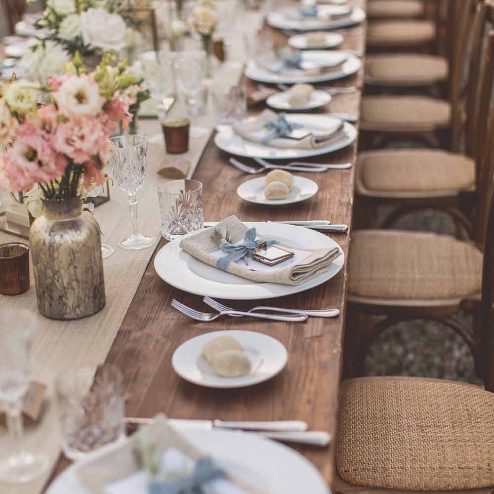 Outdoor Dining At Italian Wedding // Bridesmaids In Grey Dresses By Jenny Yoo // Rustic Luxe Wedding In Tuscany Styled By The Wedding Of My Dreams With Flowers By Passion For Flowers Anna Campbell Bride Images & Film From WE ARE // THE CLARKES