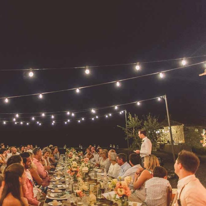 Outdoor Dining At Italian Wedding // Bridesmaids In Grey Dresses By Jenny Yoo // Rustic Luxe Wedding In Tuscany Styled By The Wedding Of My Dreams With Flowers By Passion For Flowers Anna Campbell Bride Images & Film From WE ARE // THE CLARKES