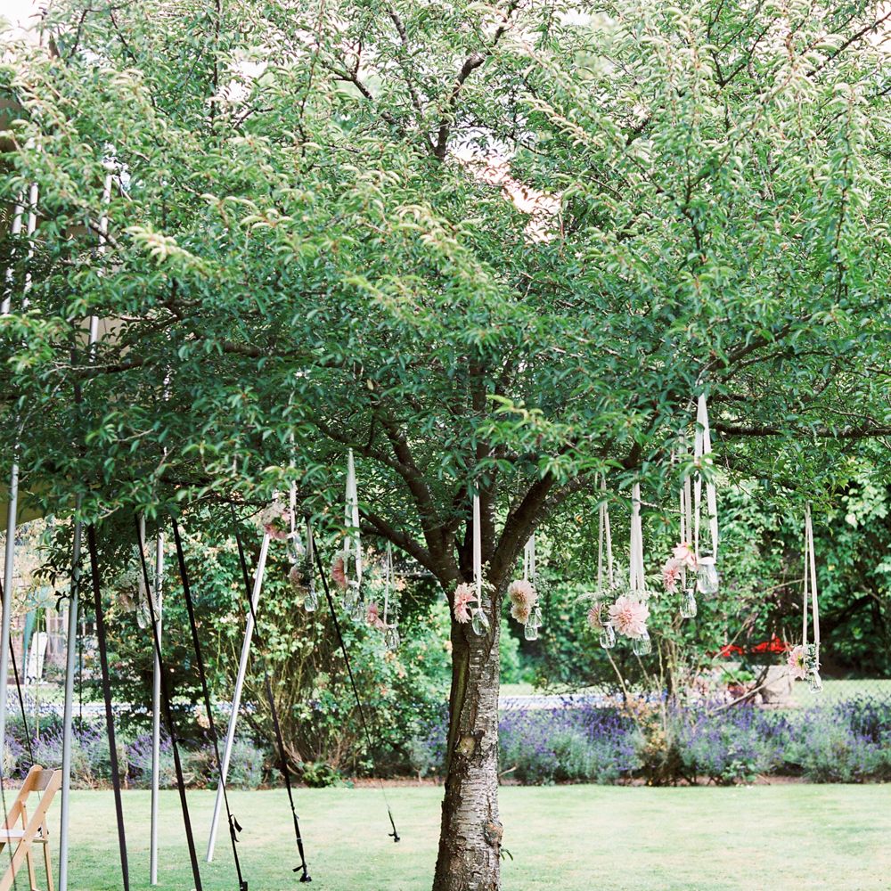 Dahlias in jam jars hanging from trees