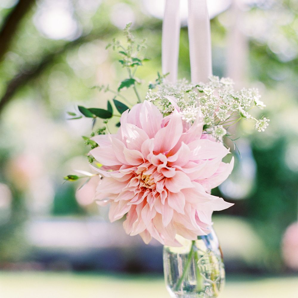 Dahlias in jam jars hanging from trees