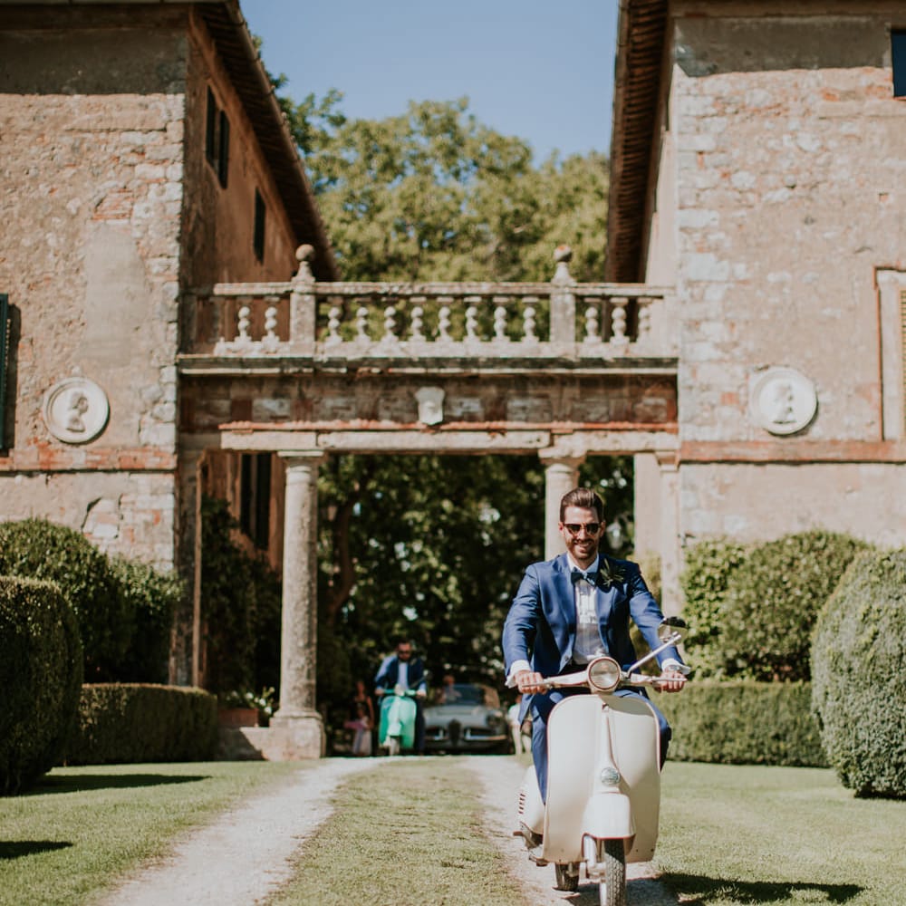 Vespa | Groom in Light Blue Suit Supply Suit & Bow Tie | D&A Photography | Ben Walton Films