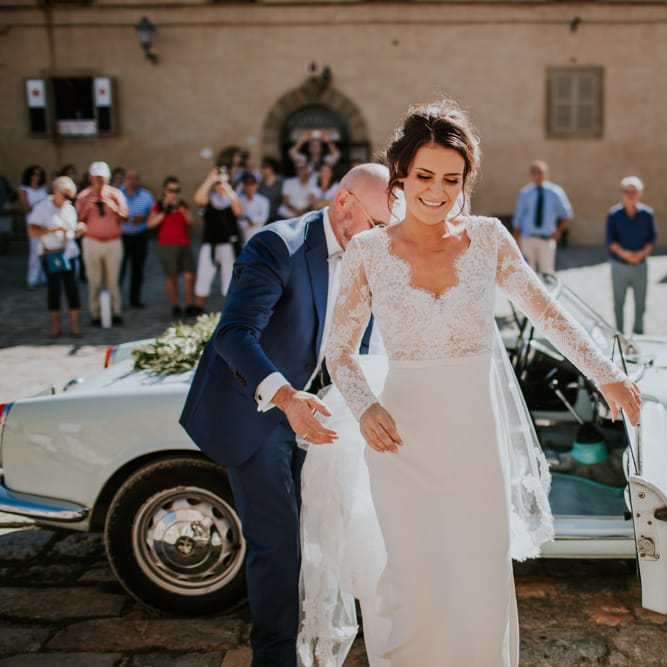 Bridal Entrance in Long Lace Sleeve Gown from Morgan Davies | D&A Photography | Ben Walton Films