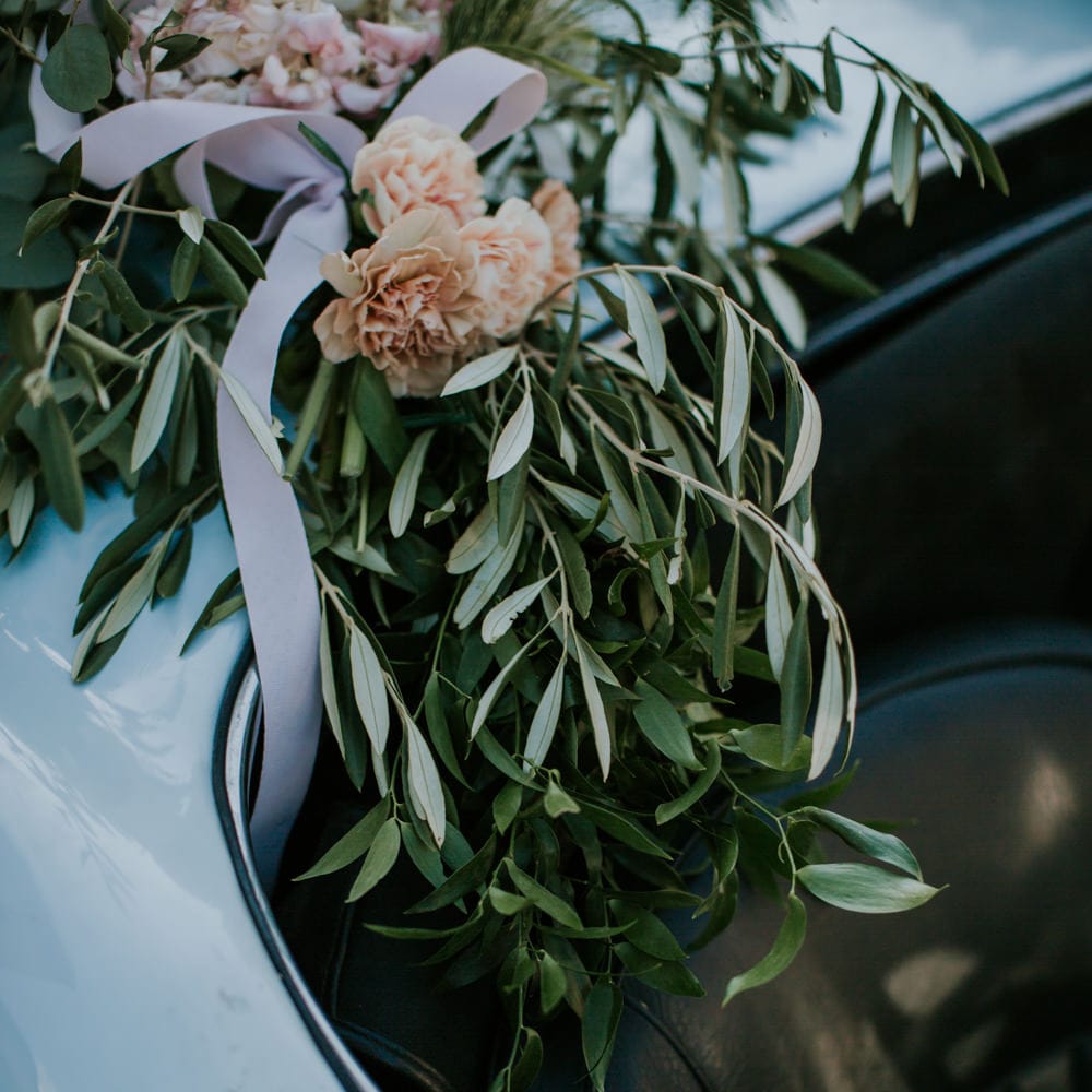 Flowers on Vintage Wedding Car | D&A Photography | Ben Walton Films