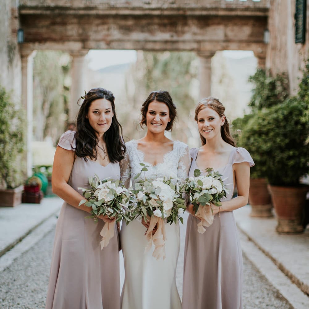 Bride in Morgan Davies Gown | Bridesmaids in Blush Pink Reformation Dresses | D&A Photography | Ben Walton Films