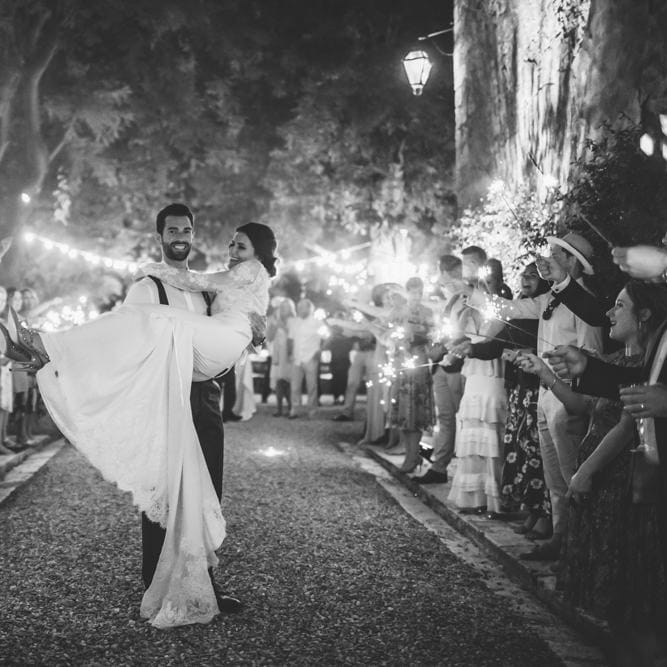 Sparkler Exit | Bride in Morgan Davies Gown | Groom in Suit Supply | D&A Photography | Ben Walton Films