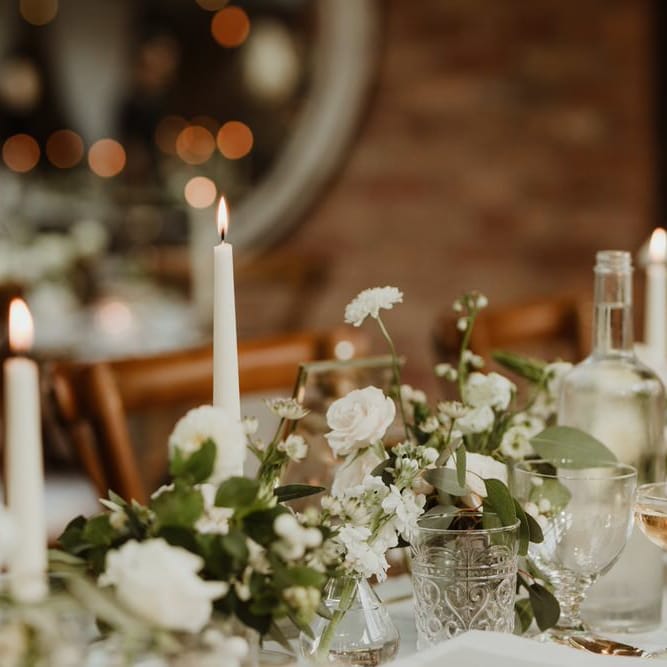 Wooden Trestle Tables With Soft Grey Runners, Taper Candles And White Florals For Wedding Image By The Curries