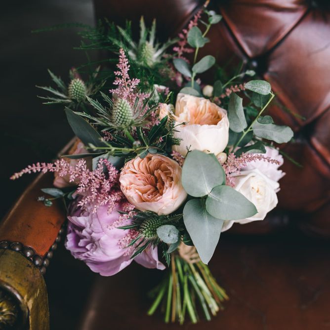 Pink Peony & Peach David Austin Rose Wedding Bouquet by Matt Brown Photography