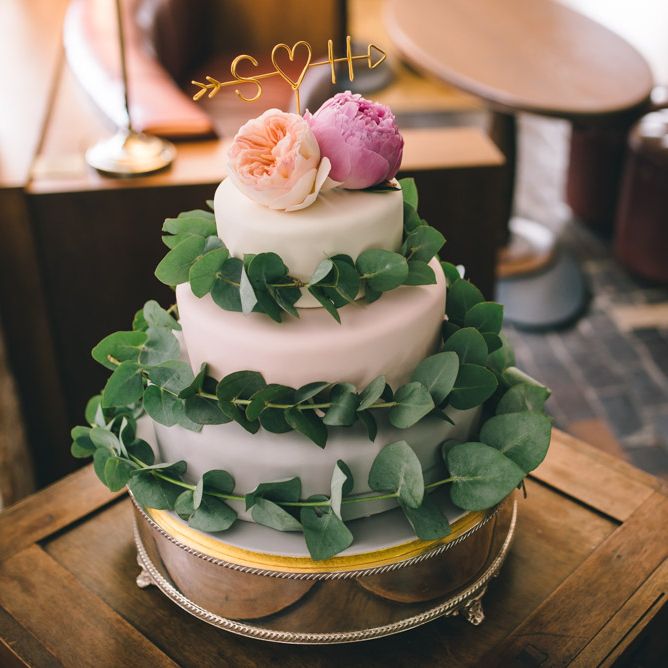 Elegant Wedding Cake with Eucalyptus, Peony & David Austin Rose Decor by Matt Brown Photography
