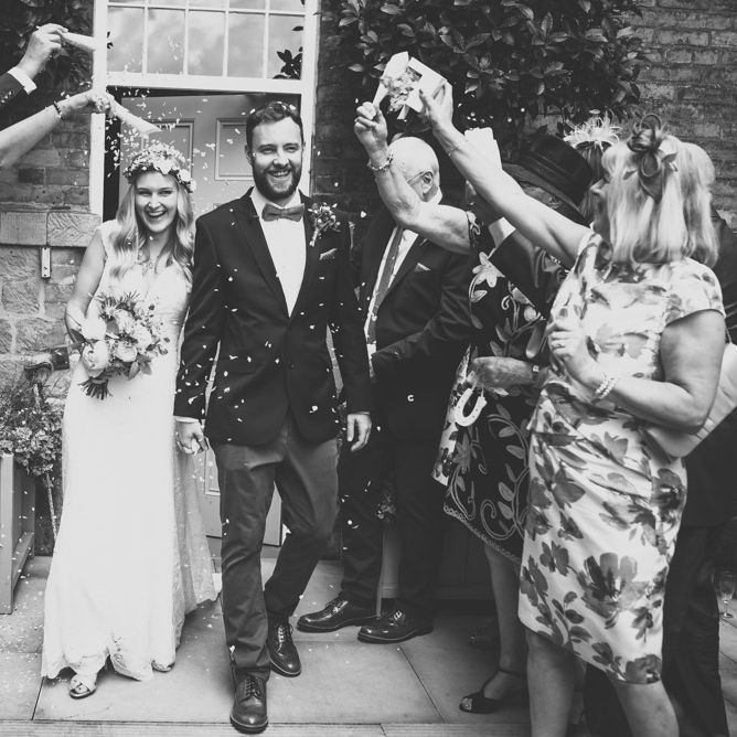 Confetti Moment with Bride in Bespoke Mariée Wedding Dress & Groom in Slater Jacket & Topman Chino's by Matt Brown Photography