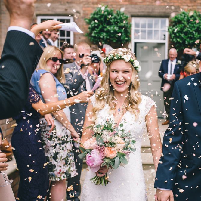 Confetti Moment with Bride in Bespoke Mariée Wedding Dress & Groom in Slater Jacket & Topman Chino's by Matt Brown Photography