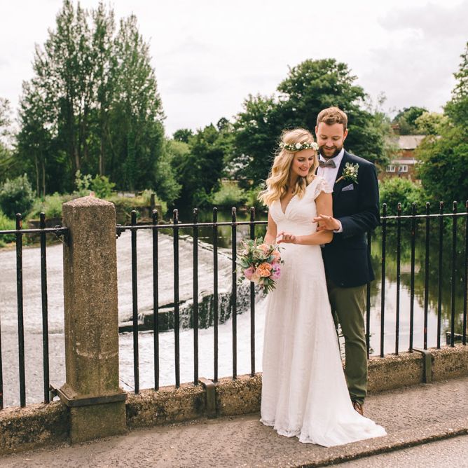 Bride in Bespoke Mariée Wedding Dress & Groom in Slater Jacket & Topman Chino's by Matt Brown Photography