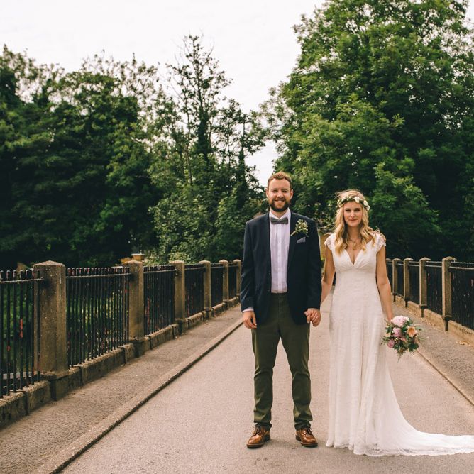 Bride in Bespoke Mariée Wedding Dress & Groom in Slater Jacket & Topman Chino's by Matt Brown Photography