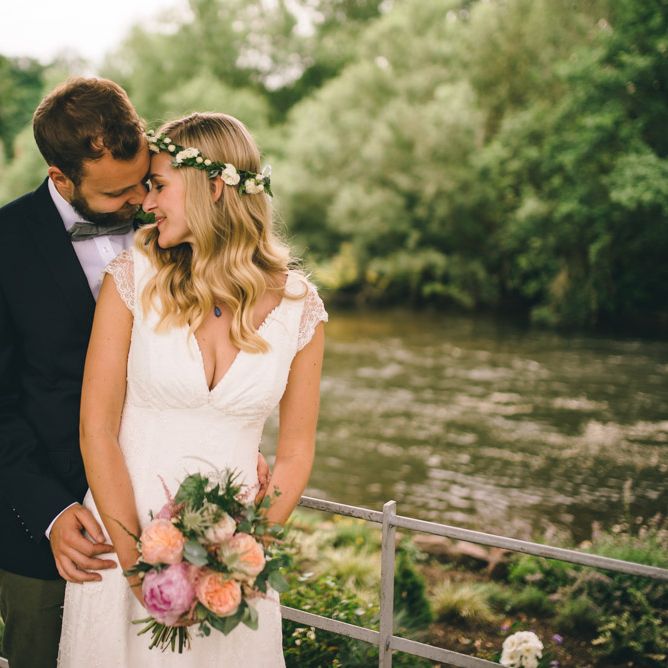 Bride in Bespoke Mariée Wedding Dress & Groom in Slater Jacket & Topman Chino's by Matt Brown Photography