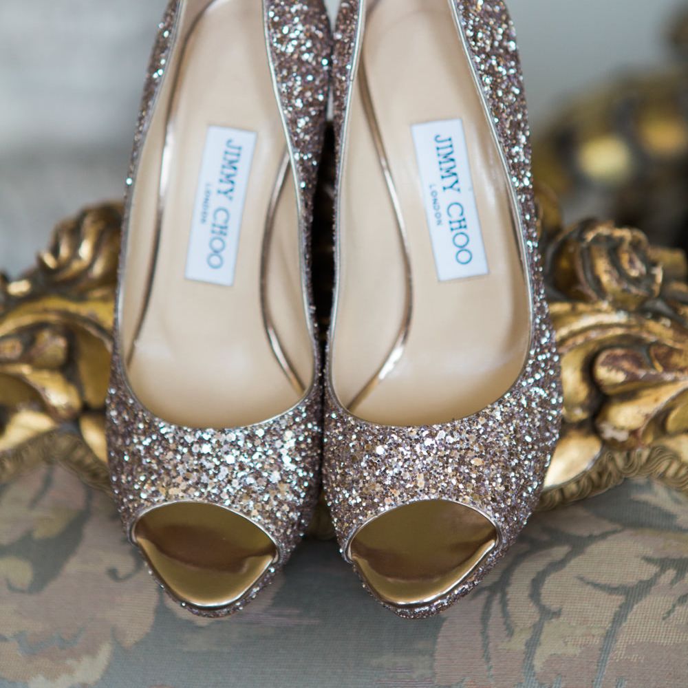 Jimmy Choo Sparkly Shoes | Elegant Blush Pink & White Wedding at Aynhoe Park in Oxfordshire | Lucy Davenport Photography