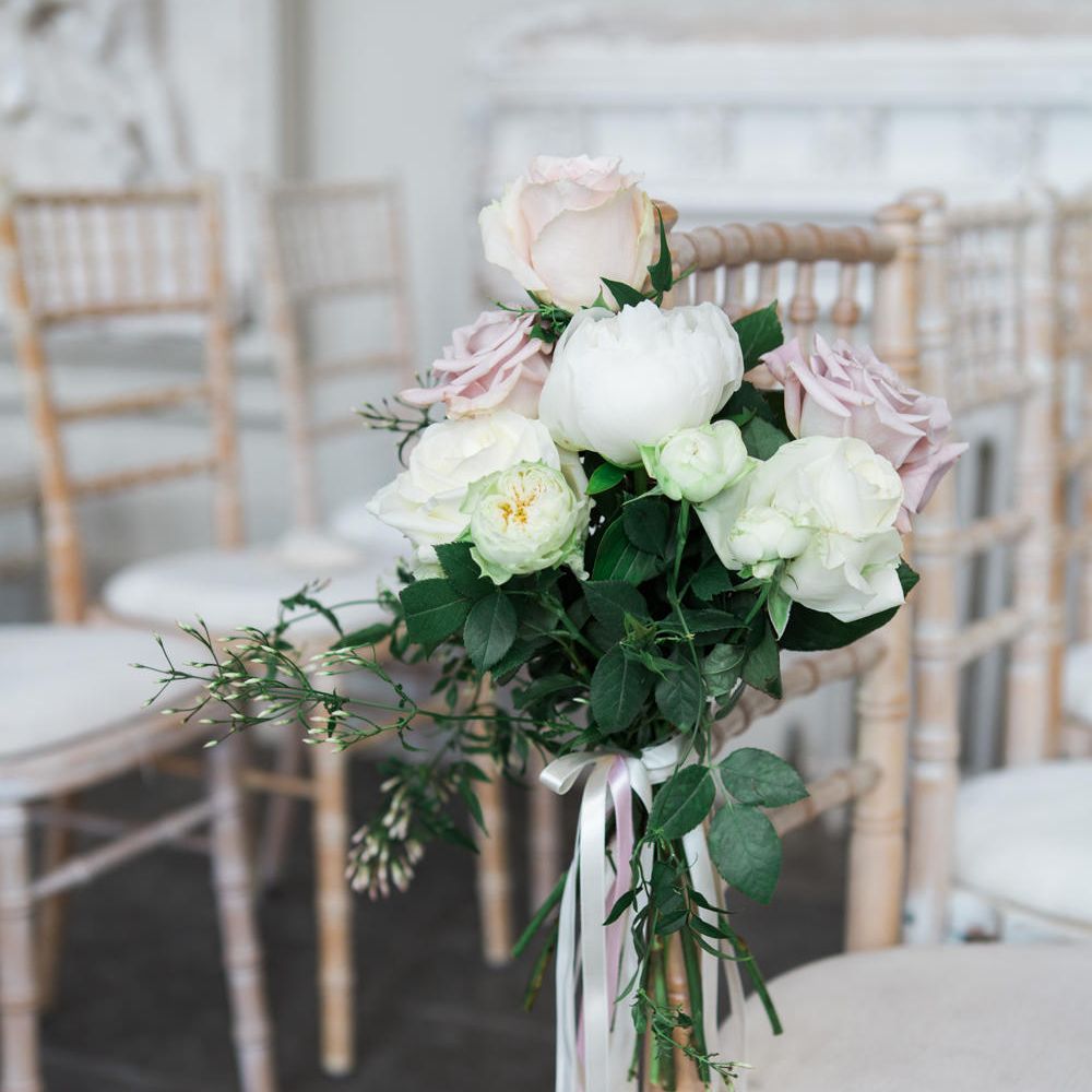 Aisle Chair Wedding Flowers | Elegant Blush Pink & White Wedding at Aynhoe Park in Oxfordshire | Lucy Davenport Photography
