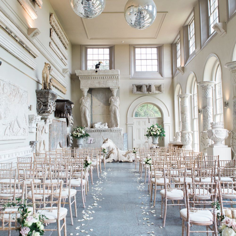 Aisle | Elegant Blush Pink & White Wedding at Aynhoe Park in Oxfordshire | Lucy Davenport Photography