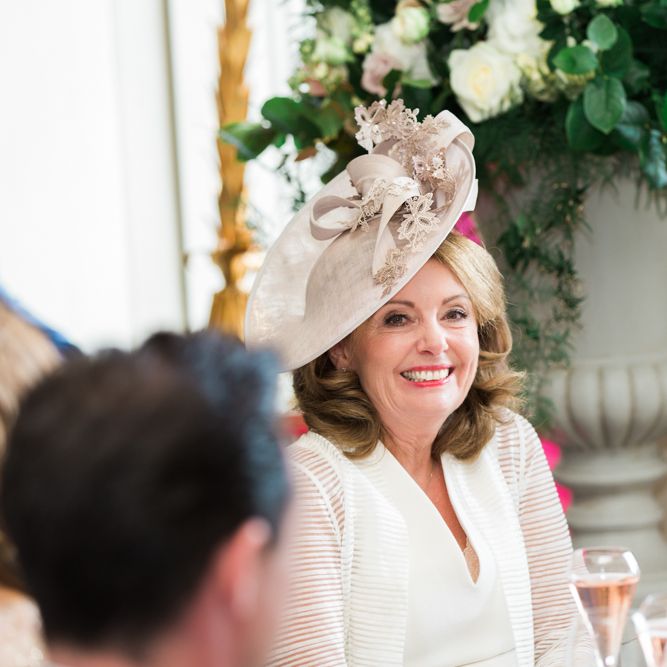 Wedding Guest Hat | Elegant Blush Pink & White Wedding at Aynhoe Park in Oxfordshire | Lucy Davenport Photography