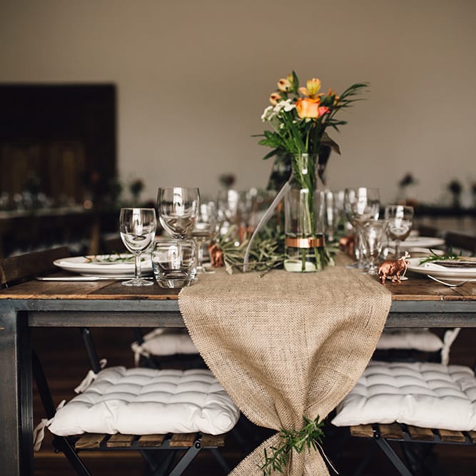 Hessian Table Runner & Copper Accents Table Scape