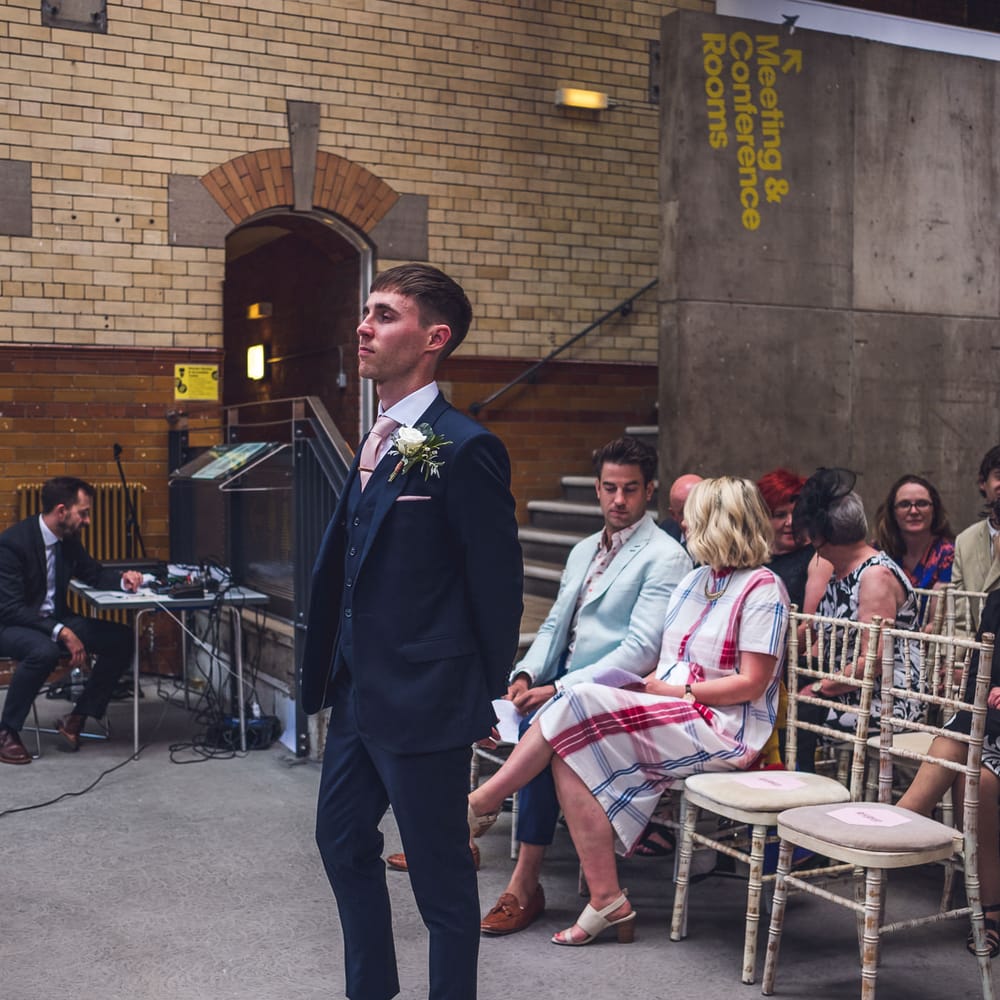 Wedding Ceremony | Groom in Navy Suit | Contemporary City Wedding at People's History Museum & Hope Mill Theatre, Manchester Planned by Alternative Weddings MCR | Babb Photography