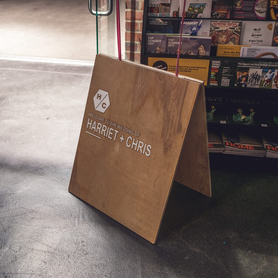 Wooden Wedding Sign | Contemporary City Wedding at People's History Museum & Hope Mill Theatre, Manchester Planned by Alternative Weddings MCR | Babb Photography