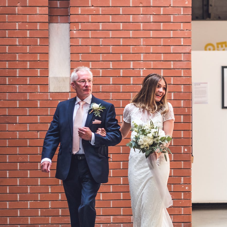 Wedding Ceremony | Bridal Entrance in Lenora Watters Gown | Contemporary City Wedding at People's History Museum & Hope Mill Theatre, Manchester Planned by Alternative Weddings MCR | Babb Photography